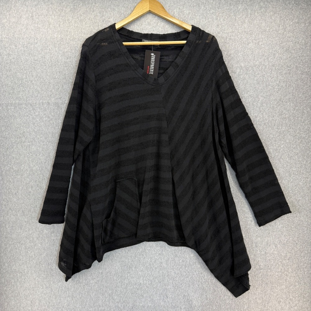 Transparente German Asymmetrical Black Stripe V-Neck Sweater Pocket One Size NWT